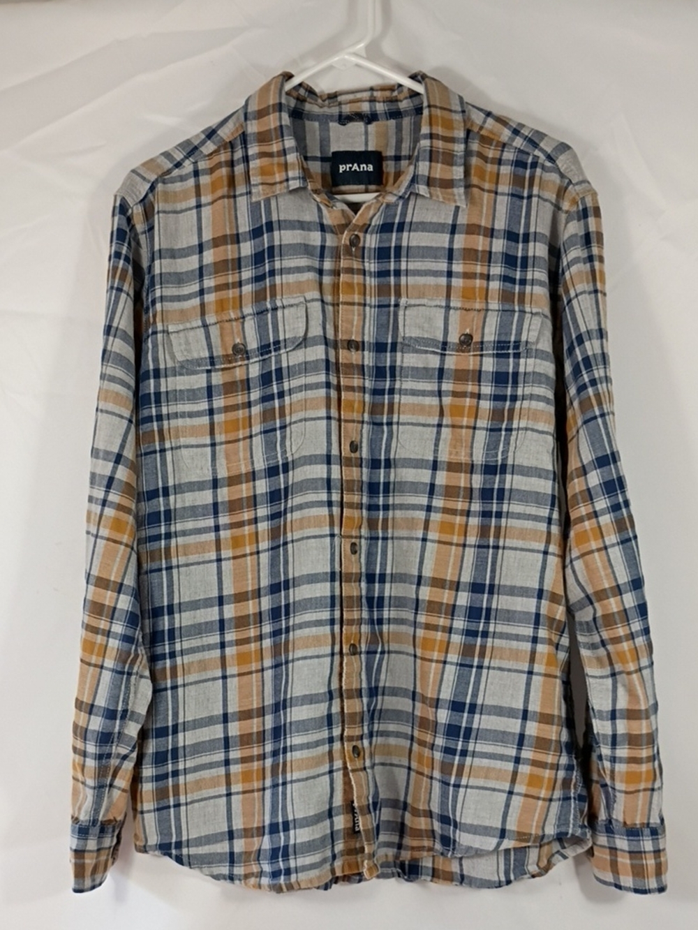 EUC PrAna Edgewater Long Sleeve Button Down Shirt Light Heather Gray Plaid Sz Md